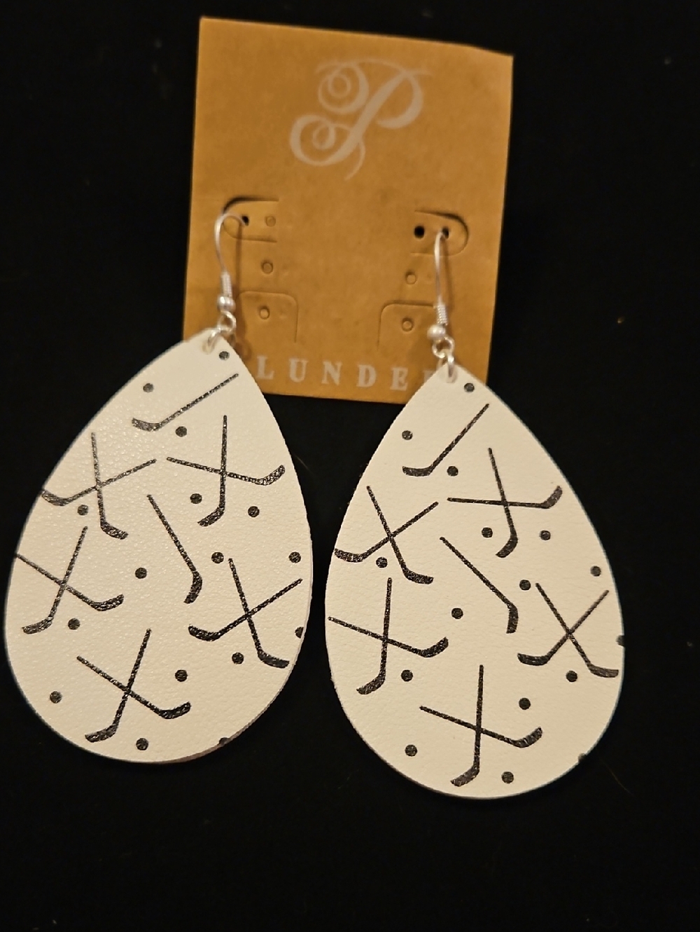 Plunder White Teardrop Earrings with Hockey Themed